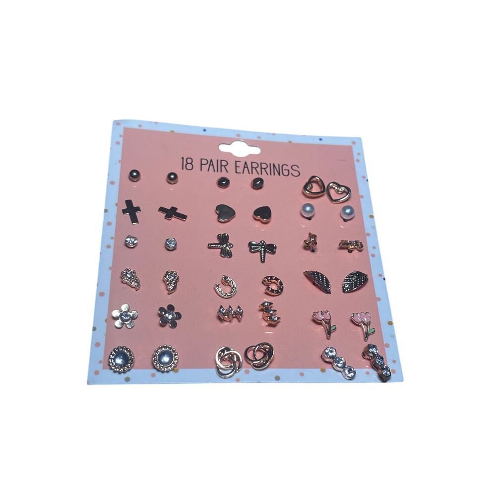 18‎ Pair Earrings Set Hearts Cross Dragonfly Flower Pearl Studs Set